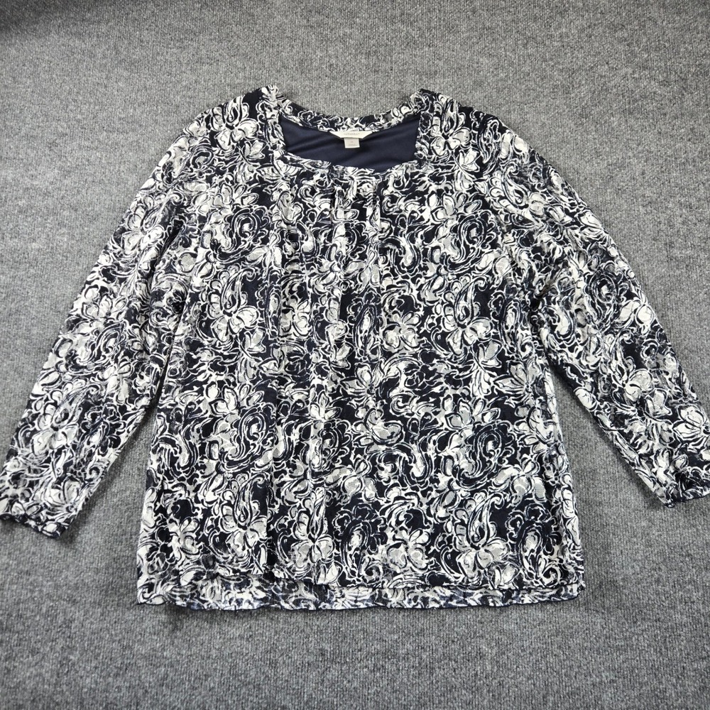 CJ Banks Blouse Women 2X Navy Blue Floral Lace Square Neck Lined Top